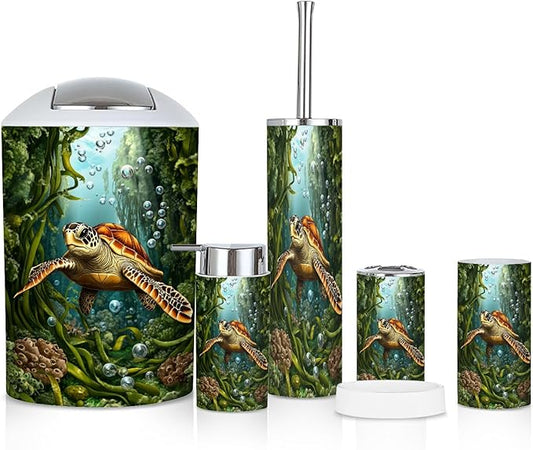 6 Piece Bathroom Accessories Set Dynamic Sea Turtle Tale Bubbles Kelp Vibrant Colors Trash can Toilet Brush Holder Toothbrush Holder Toothbrush Cup Soap Dispenser Soap Dish for Home