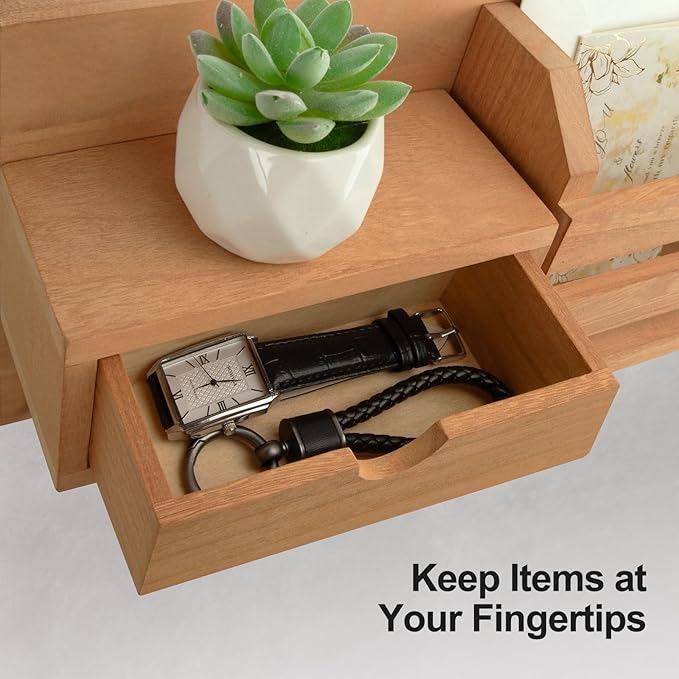 Wall Mount Key Holder with Mail Organizer, 100% Paulownia Wood, 7 Metal Hooks, Storage Drawer, Entryway Home Decor