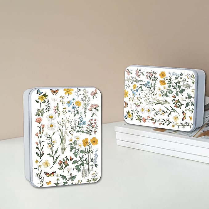 Metal Tin Box with Lid,Multi-functional Storage Large Box Can Store Tea Biscuits Game Cards, Playing & Tarot Cards-Comes with 4 Magnetic Cord Clips,Flower Garden Butterfly