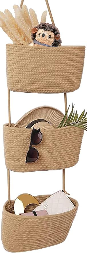 AARAINBOW Wall Hanging Cotton Baskets - Large 3 Tier Decorative Baskets for Wall, Nursery, Bathroom (B-Brown)