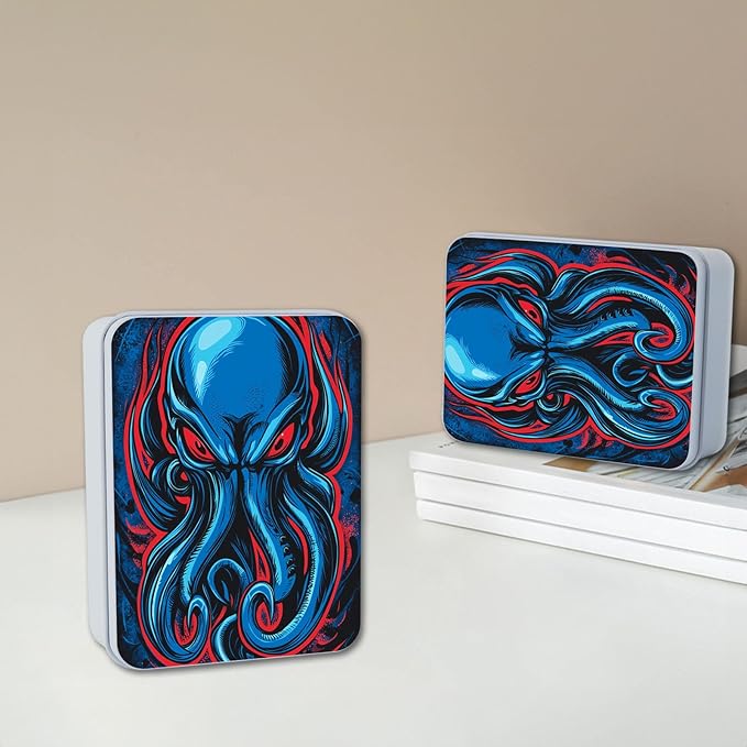 Metal Tin Box with Lid,Multi-functional Storage Large Box Can Store Tea Biscuits Game Cards, Playing & Tarot Cards-Comes with 4 Magnetic Cord Clips,Blue Cthulhu Skull