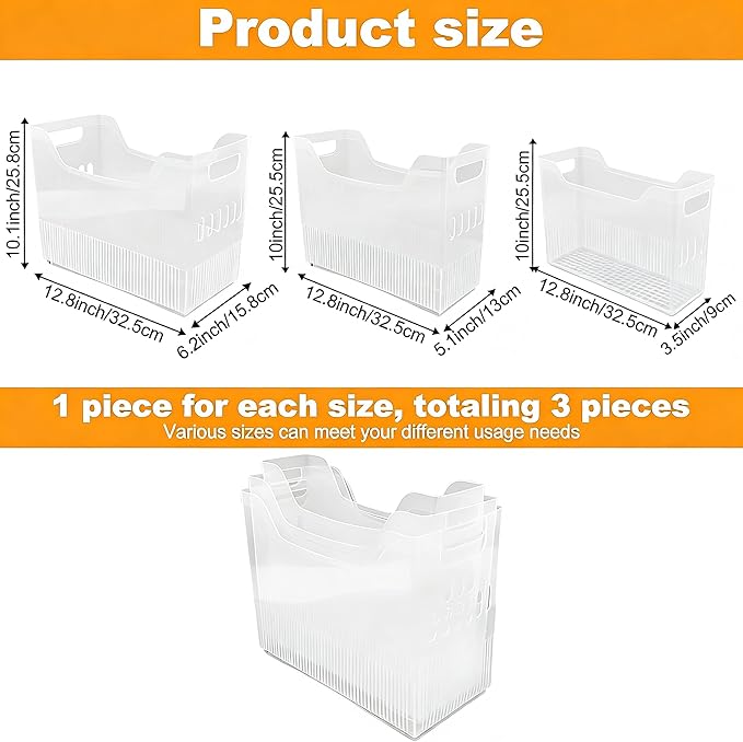3 Pcs Freezer Organizer Bins with Wheel Clear Plastic Pantry Organizer and Storage 3 Size Tall Narrow Kitchen Organization Pantry Organizer Snack Storage Containers for Office Refrigerator