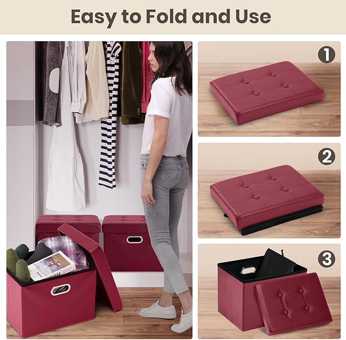 COSYLAND Storage Ottoman Foot Rest - 17x13x13in Leather Ottoman Rectangle Foot Stool Folding for Room Dorm Small Collapsible Bench Seat Organizer Entryway Furniture with Handles Lid Burgundy