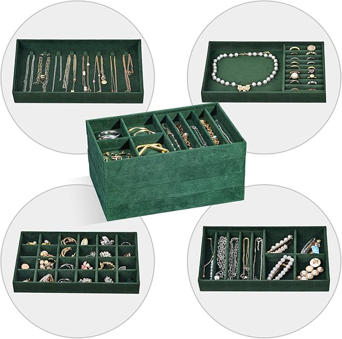 ProCase Stackable Jewelry Organizer Trays for Drawers, Jewelry Drawer Inserts Container Display Case Storage for Earring Necklace Rings Bracelet with Removable Dividers -Green, 4 Layers