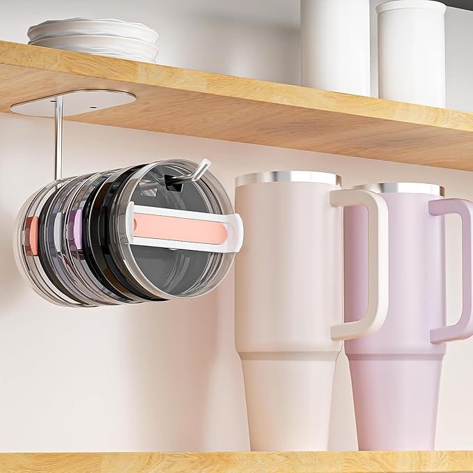 4 Pack Tumbler Lid Organizer, Space Saving Cup Lid Organizer for Yeti/Stanley/Simple Modern Tumbler Lids, Self-Adhesive or Drilling Tumbler Lid Hook for Kitchen Organizers and Storage