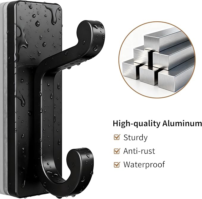 Self Adhesive Wall Hooks Black, Sticky Hangers Wall Mount, Holds 13Lbs for Clothes, Towel, Robes, Keys, Double Hooks for Bathroom, Bedroom and Door, 4 Pack.