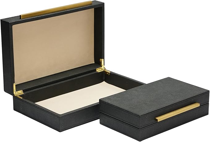 Set of 2 Black Shagreen Leather Decorative Boxes With Gold Handles, Faux Leather Jewelry Boxes Modern Storage Boxes Memory Boxes Home Organizer Box (Black-Gold, 2pack)