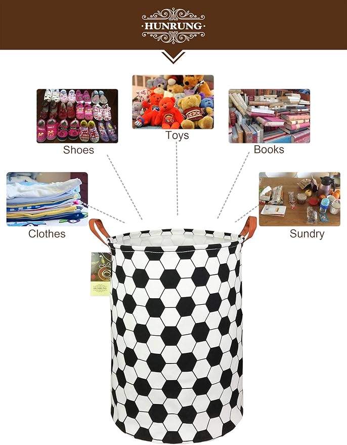 HUNRUNG Laundry Hamper,Large Canvas Fabric Lightweight Storage Basket Toy Organizer Dirty Clothes Collapsible Waterproof for College Dorms, Children Bedroom,Bathroomï¼Roud-Footballï¼