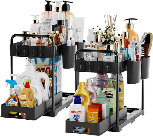 Under Over Sink Organizer and Storage, Under bins for Kitchen and Bathroom Sink Organizers and Storage Cabinet Cleaning Supplies Organizer Shelf Sliding Drawer(2 Packs)