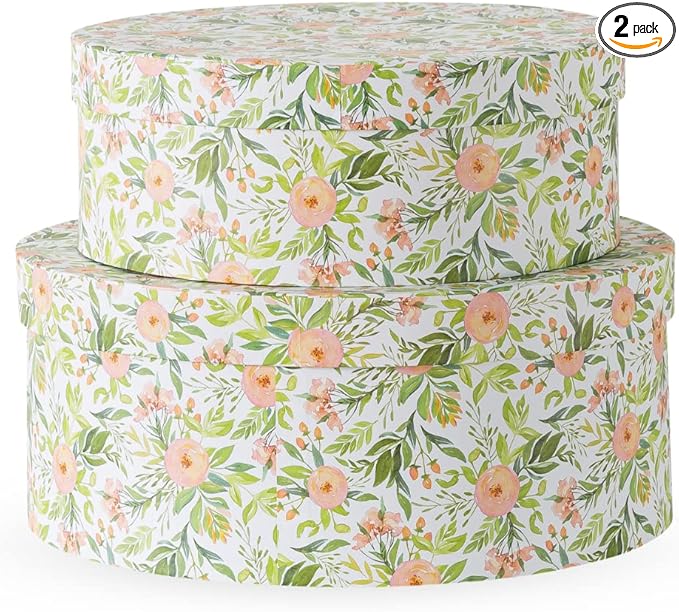 Soul & Lane Wild Flowers Oval Storage Boxes for Home Décor - Set of 2: Floral Gift Boxes with Lids for Presents, Decorative Photo Storage Cartons, Stackable Paperboard Containers for Organizing