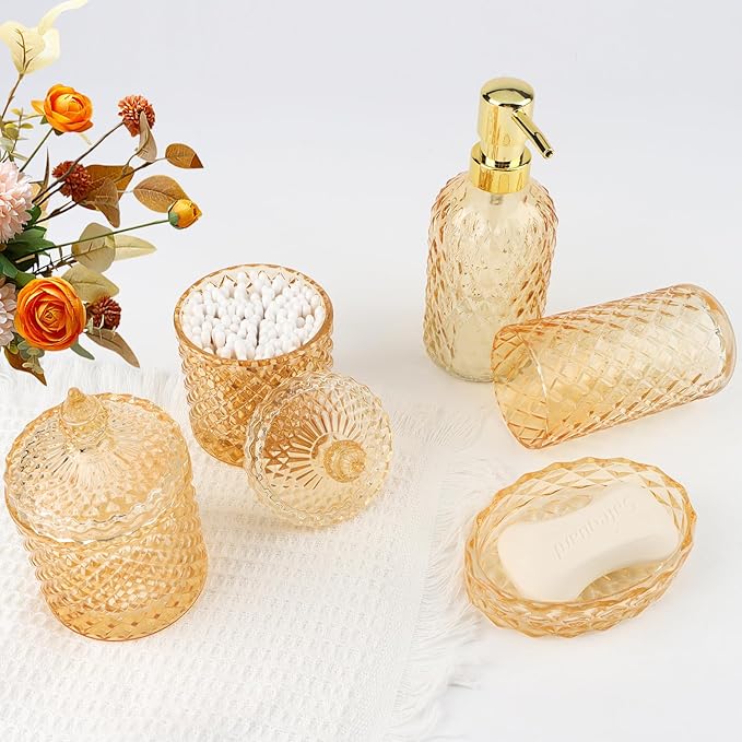 5Pcs Clear Gold Bathroom Accessories Set,Glass Bathroom Accessory Set, Bathroom Counter Sink Toothbrush Holder Set Includes Hand/Lotion Soap Dispenser & Tumbler & Soap Dish & Qtip Holders