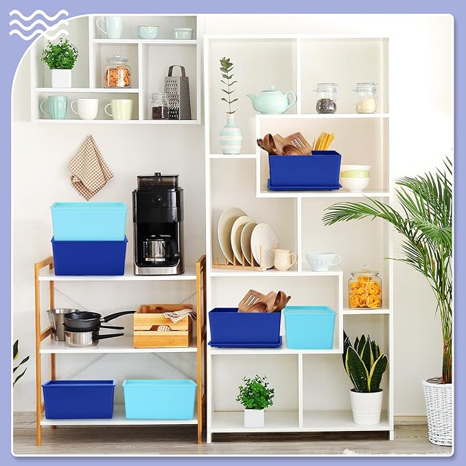 Menkxi 6 Pcs Storage Bins with Lids Small Plastic Storage Containers Stackable Storing Baskets Box Cute Organizer Bins for Organizing Shelves (Blue Series)