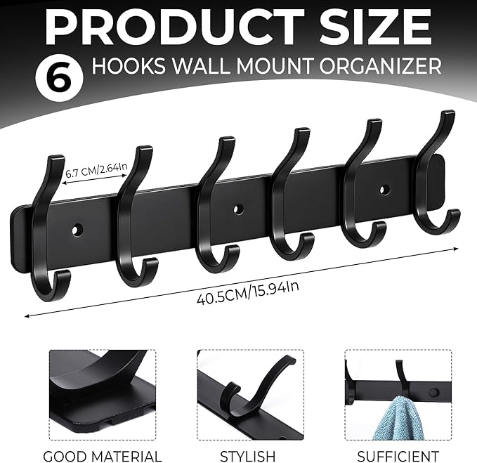 Coat Rack Wall Mount, 1 Pack Coat Hooks Hanger Wall Double Hook Rack Rail Towel Hat Rack Entryway Bathroom Hanger Organizer for Robes, Clothes, Bags, Hat(Black)