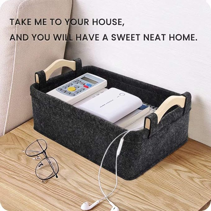 Small Storage Baskets Felt Rectangle Basket Storage Bins for DVD CD Record Cord Books Video Electronics Items Remote TV Cabinet Organizer with Handles