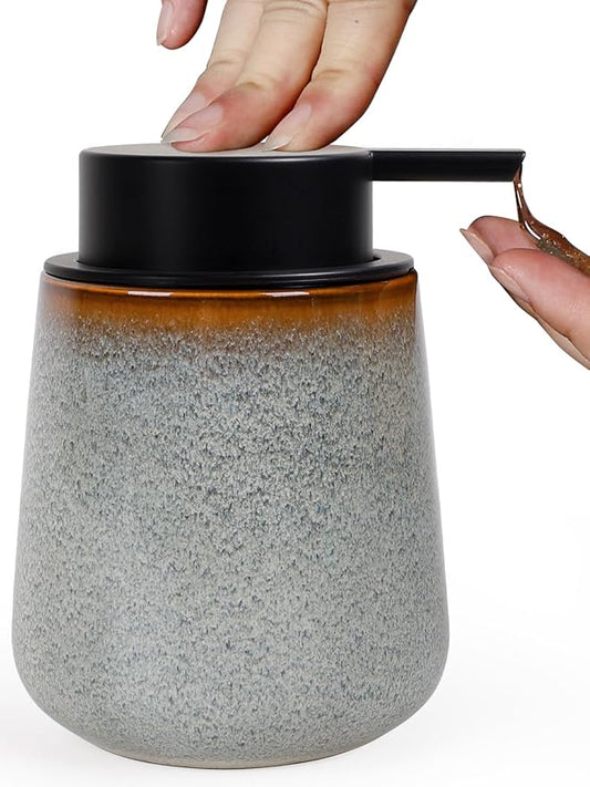 INGOFIN Ceramic Lotion Dispenser - 12 oz Refillable Hand Soap Dispenser Bathroom, Modern Liquid Dispenser with Pump, Dish Soap Dispenser for Kitchen, Kiln-Glazed Grey White