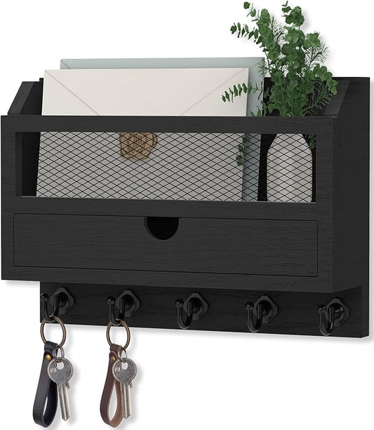 Nekon Key and Mail Holder for Wall, Key Organizer with 5 Hooks & Storage Drawer, 11" W x 7.9" H x 3.1" D Wooden Key Rack for Entryway and Home Decor (Black)