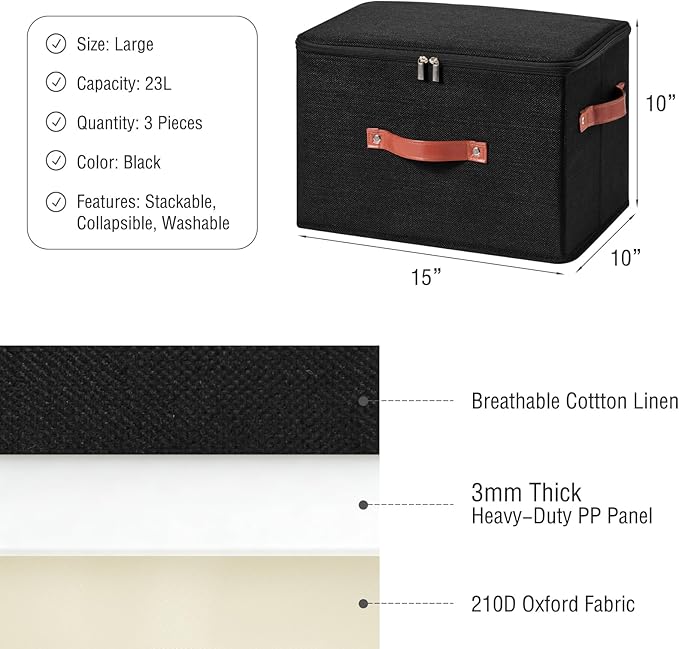 3PCS Storage Bins Boxes with Zippered Lids Cotton Linen Fabric Decorative Basket PU Leather Handles PP Plastic Board Foldable Lidded Clothing Shelf Closet Organizer Container (Black, Large)