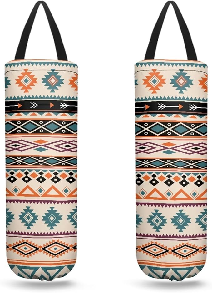 Plastic Bag Holder Set of 2 Hanging Grocery Bag Holder Reusable Plastic Bag Dispenser Trash Bag Organizer Container,Ethnic Aztec Tribal Stripes