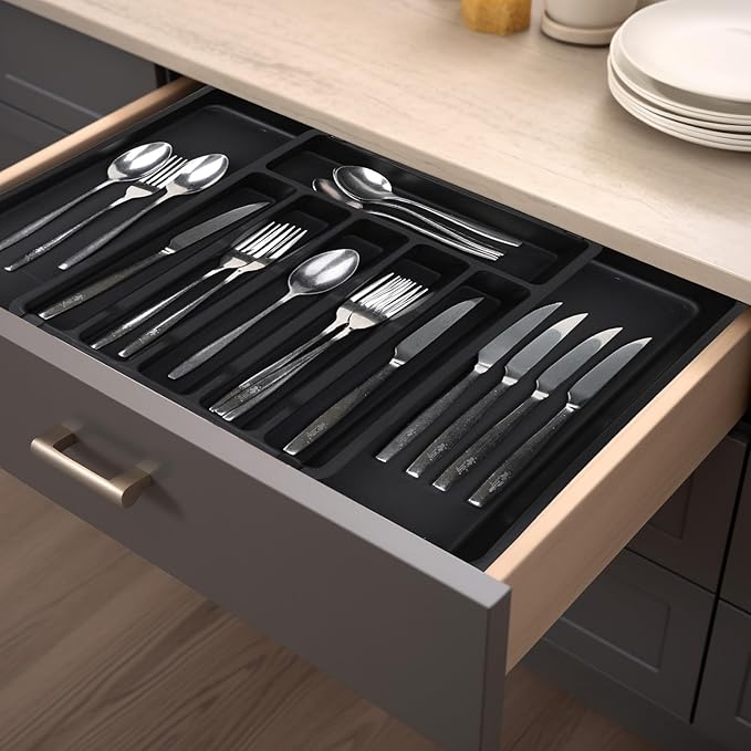 S&F Homes Expandable Cutlery drawer organizer, utensil drawer organizer, flatware and silverware holder, organization and storage tray for kitchen decor, BPA-Free. (Black)