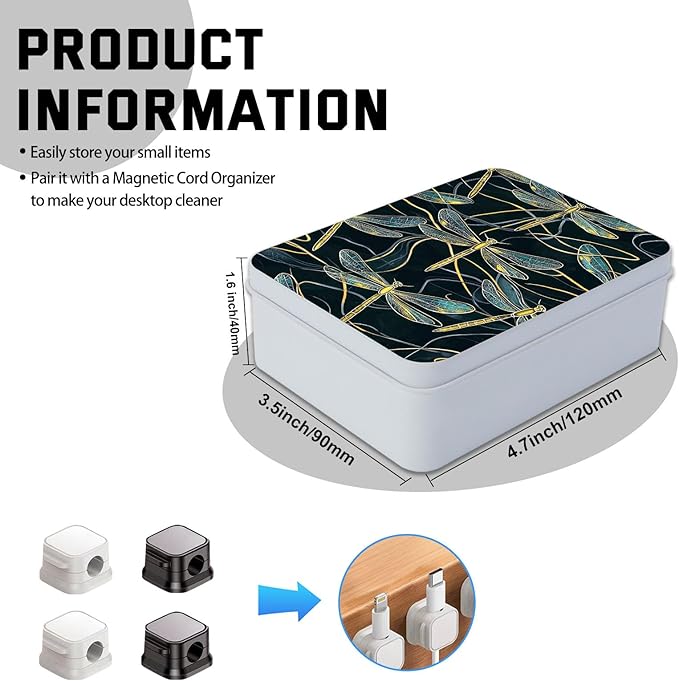 Metal Tin Box with Lid,Multi-functional Storage Box Can Store Tea Biscuits Game Cards, Playing & Tarot Cards-Comes with 4 Magnetic Cord Clips,Golden Dragonflies Pattern