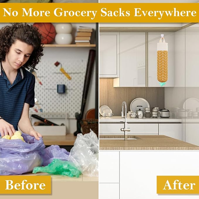 Plastic Bag Holder, Canvas Grocery Bag Holder Dispenser, Wall Mount Shopping Trash Bag Storage Organizer for Home Kitchen (Ginger Yellow)