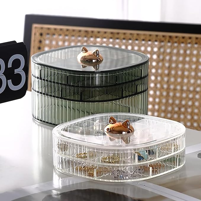 Jewelry Box, 3-Layer Acrylic Jewelry Organizer with Cat Shape Handle, Clear Jewelry Boxes for Women Girls, Make up Organizer, Jewelry Storage Holder (Green, Cat)