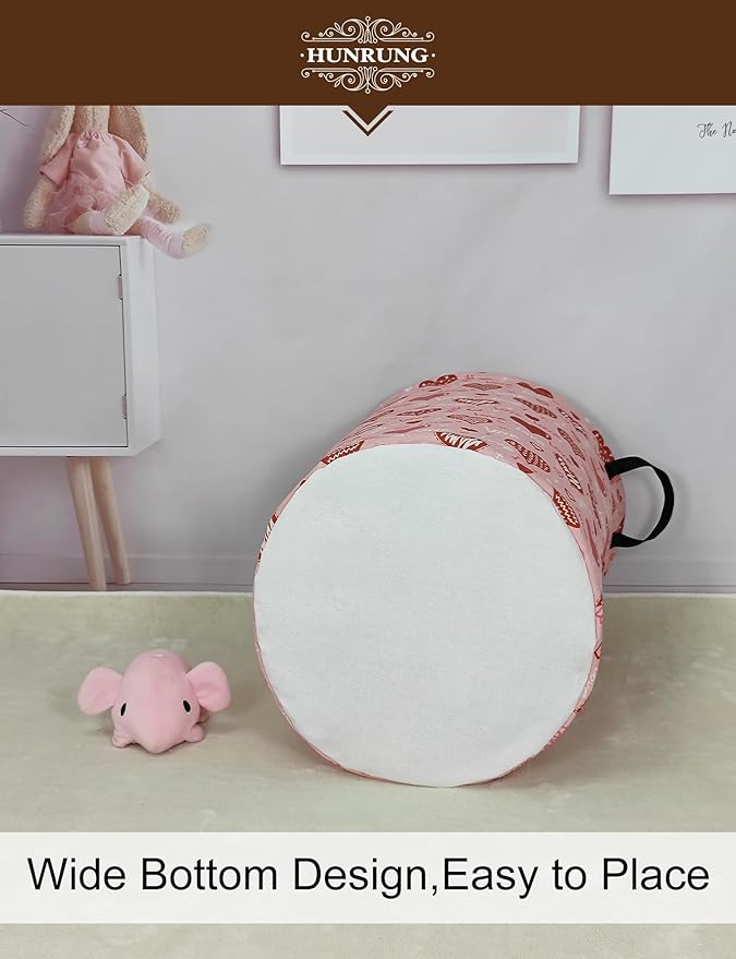 HUNRUNG Laundry Hamper,Large Canvas Fabric Lightweight Storage Basket Toy Organizer Dirty Clothes Collapsible Waterproof for College Dormsï¼Round-Pink Love Heartï¼