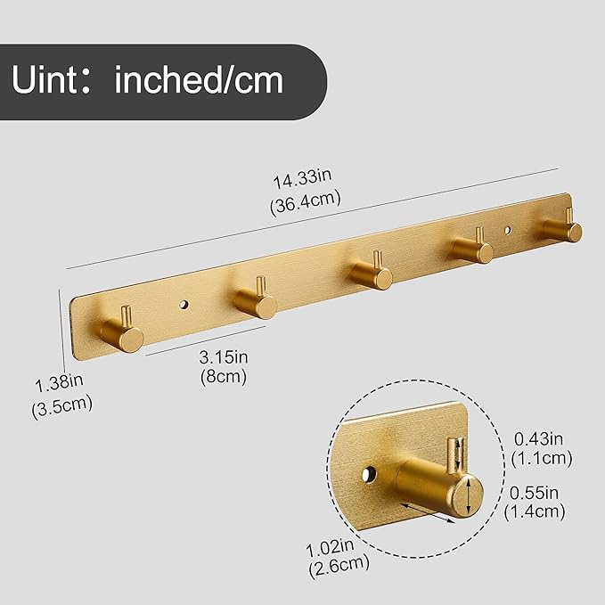 Adhesive Bathroom Gold Hook Rail, 5 Brushed Gold Wall Key Hooks Rack Hanger Towel Robe Stick Door Hooks for Bathroom Toilet Entryway Hallway Kitchen Wall Mounted