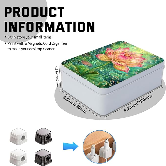Metal Tin Box with Lid,Multi-functional Storage Box Can Store Tea Biscuits Game Cards, Playing & Tarot Cards-Comes with 4 Magnetic Cord Clips,Lotus Flower Art