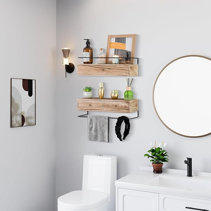 2-Pack Rustic Floating Shelves with Drawer, Wall Mounted Bathroom Shelf, 15.8 Inch Long, Brown Wood & Metal, 30 lbs Capacity