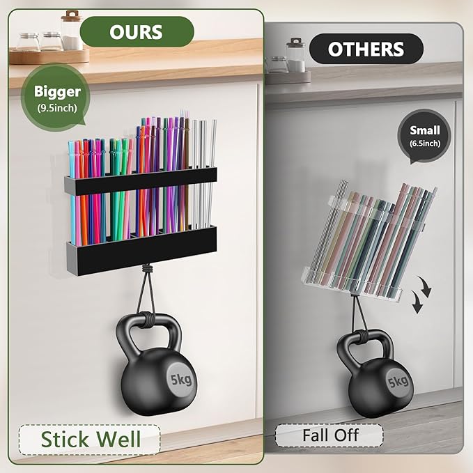 9.5â Large Acrylic Straw Holder for Cabinet Door - Reusable Tumbler Straw Organizer Storage, Small Kitchen Accessories Container, Ultra Sticky Cupboard Door Mounted (Black)
