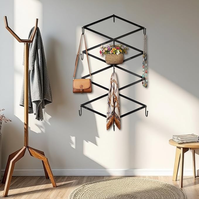 Kathfly Vintage Accordion Wall Hanger Folding Hand Forged Iron Accordion Rack Metal Expending Hat Coat Rack Wall Hook for Towels, Hats, Mugs, Bags, Stockings (13 Hooks,Black)
