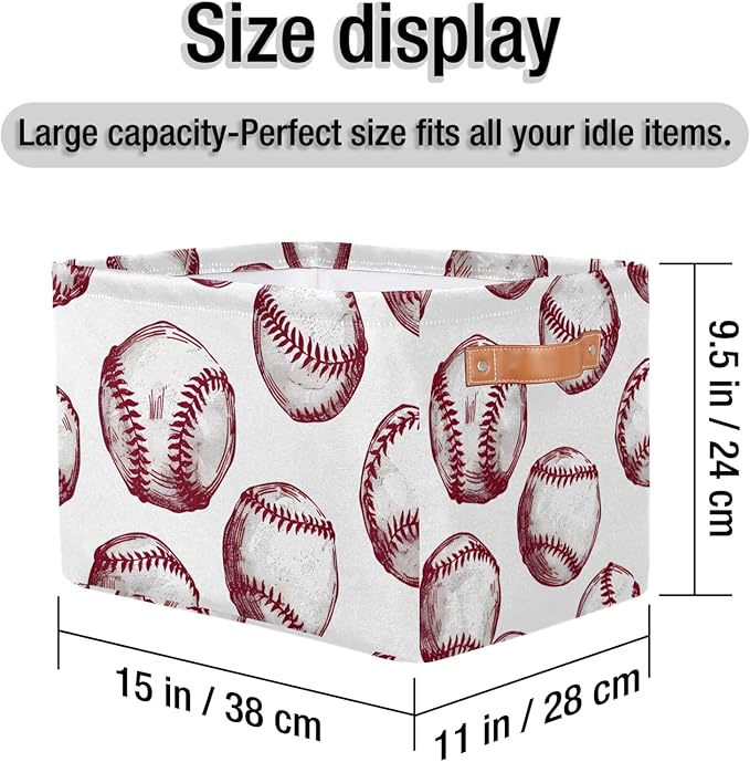 Cute Storage Bins for Organization, Canvas Book Storage Bins Handles, Bedroom Shelves Decorative Baskets for Organizing, Fabric Cube Bin Classroom Dorm Closet Organizer Box (Baseball)