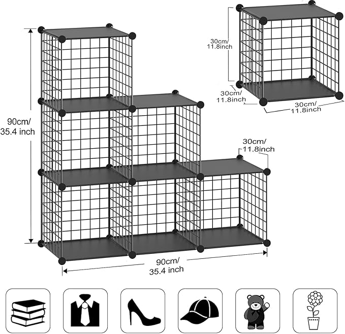 TUMUCUTE Wire Cube Storage Organizer, Metal Storage Shelves Bookshelf, Stackable Modular Closet Organizer for Bedroom Living Room, Office,Storage Shelves（6-Cube，Black）