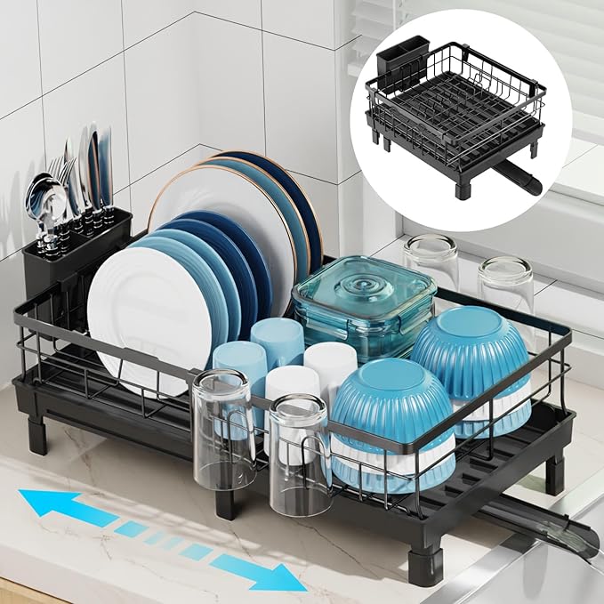 GSlife Expandable Dish Drying Rack for Kitchen Counter - Compact Rust-Resistant Dish Racks with and Cup Holder for Small Apartment, 12.2" W x 12"-20.5" L, Black