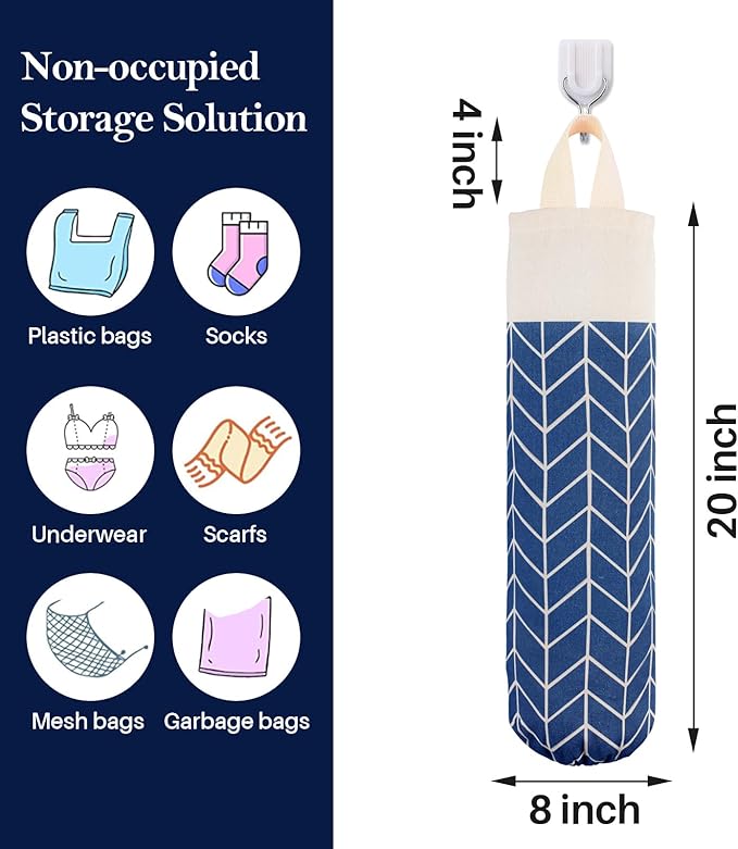 Canvas Grocery Bag Holder Dispenser, Wall Mount Shopping Trash Bag Storage Organizer (Classic Blue)