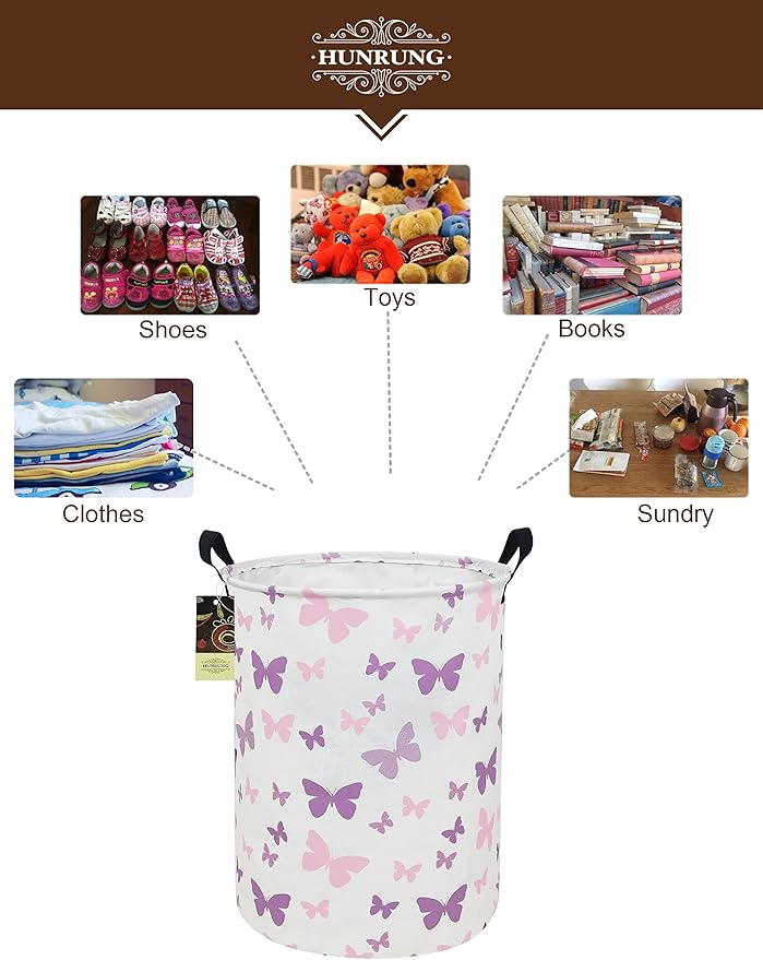 HUNRUNG Laundry Hamper,Large Canvas Fabric Lightweight Storage Basket Toy Organizer Dirty Clothes Collapsible Waterproof for College Dormsï¼Round-Butterflyï¼