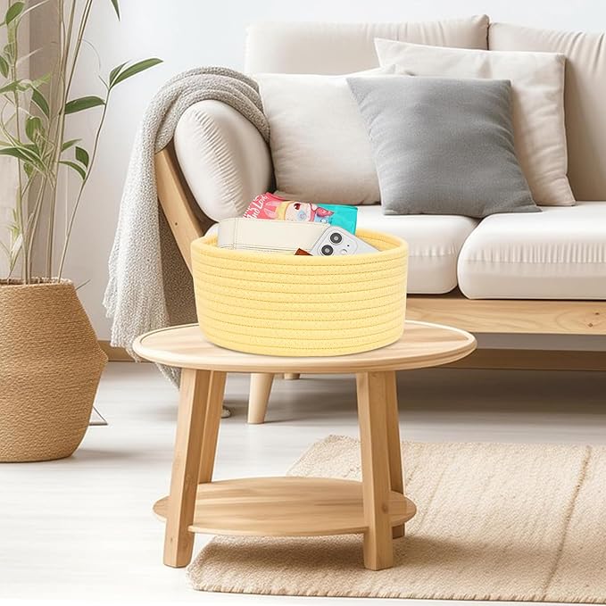 ABenkle Small Woven Basket, Empty Tiny Shallow Storage Basket, Mini Cotton Rope Baskets, Round Decorative Hamper, Basket Storage Bins for Toys, Spa, Socks, Nursery, Living Room