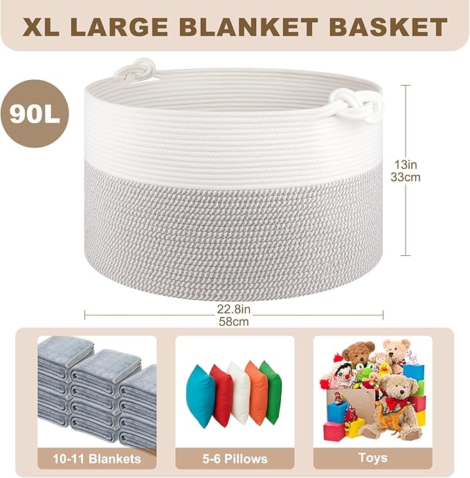 Large Blanket Storage Basket for Living Room, 22.8" x 22.8" x 13" Woven Cotton Rope Basket with Handles, Baby Toy Storage, Laundry Hamper for Clothes, Pillows, Towels-Grey and White