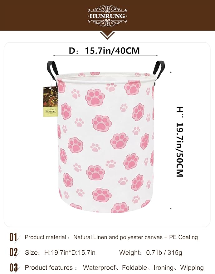 HUNRUNG Laundry Hamper,Large Canvas Fabric Lightweight Storage Basket Toy Organizer Dirty Clothes Collapsible Waterproof for College Dormsï¼Round-Pink Pawï¼