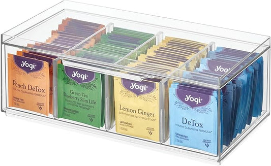 iDesign XL Tea Bag Organizer for Counter, 4-Section Clear Stackable Tea Storage Drawer for Cabinet