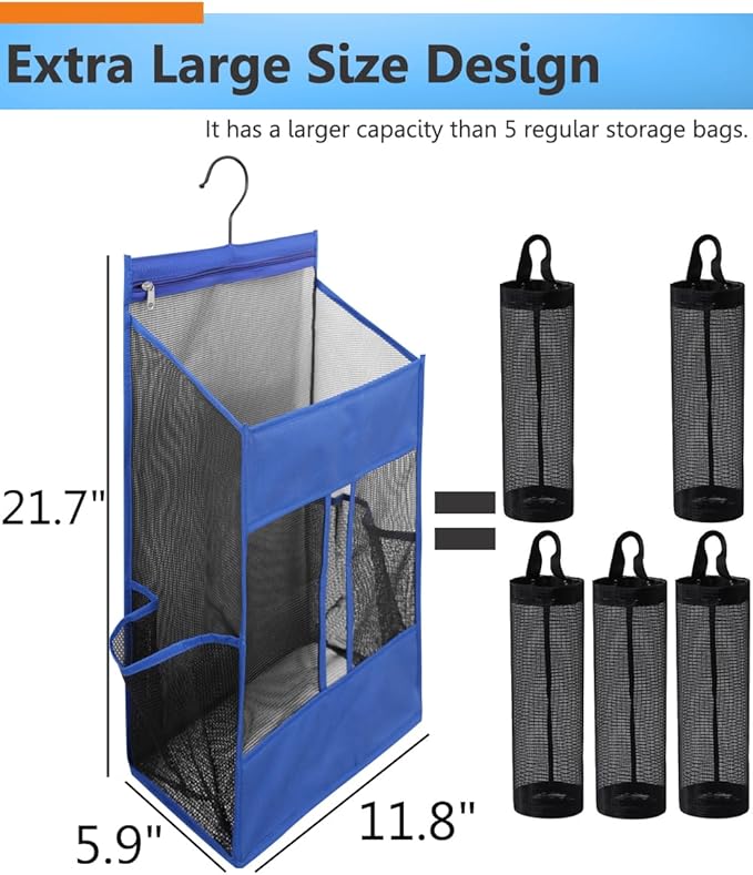 ALYER Hanging Plastic Grocery Bag Holder and Dispenser,Mesh Over the Cabinet Door Organizer with Easy-Access Openings for Kitchen Towel,Bras,Laundry,Installation Free (Blue, 21.7"H * 11.8"W * 5.9"D)