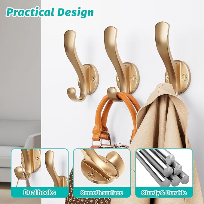 Coat Hooks Heavy Duty - Easy to Install Metal Towel Hooks Fashionable Wall Hooks for Hanging Hat, Towel, Key, Robe, Scarf, Bag, Cap (8 PCS Gold)