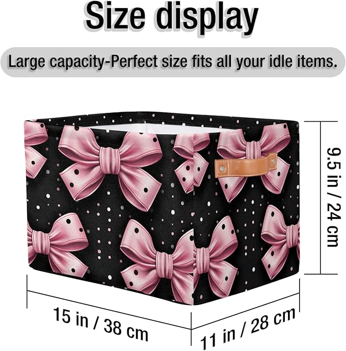 Storage Bins for Organization, Pink Bows Canvas Book Storage Bins with Handles, Bedroom Shelves Decorative Baskets for Organizing, Fabric Cube Bin Classroom Dorm Closet Organizer Box