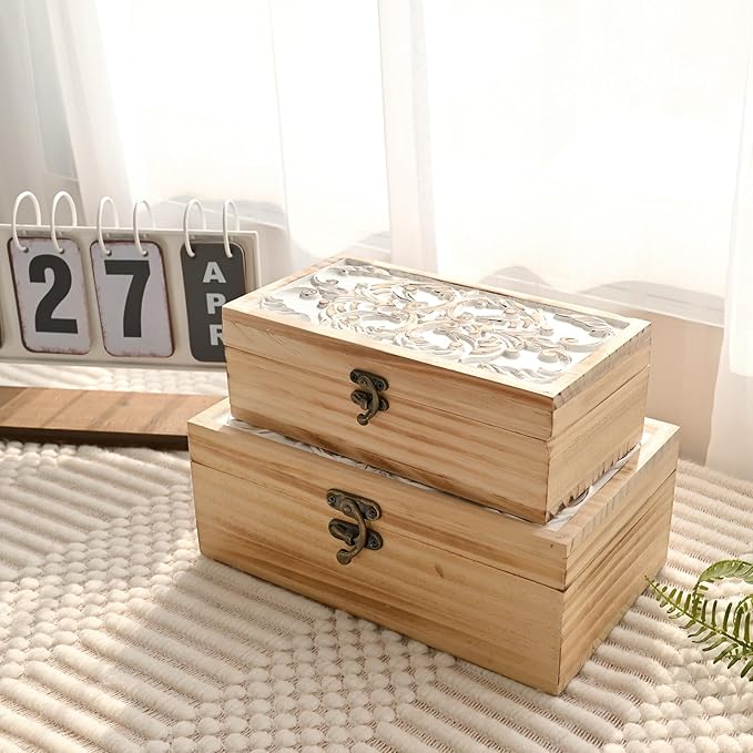 Wooden Storage Box Set of 2 - Hand Carved Floral Decorative Boxes with Hinged Lids - Solid Pine Keepsake Organizer for Jewelry, Photos, and Rustic Farmhouse Home Décor