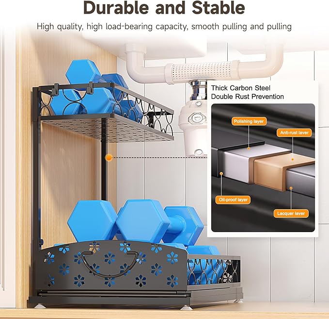 2 Packs Under Sink Organizer, High Adjustable 2 Tier Under Kitchen sink organizer, Multi-Purpose Storage Shelf for Kitchen Bathroom Cabinet, Black (Black02)