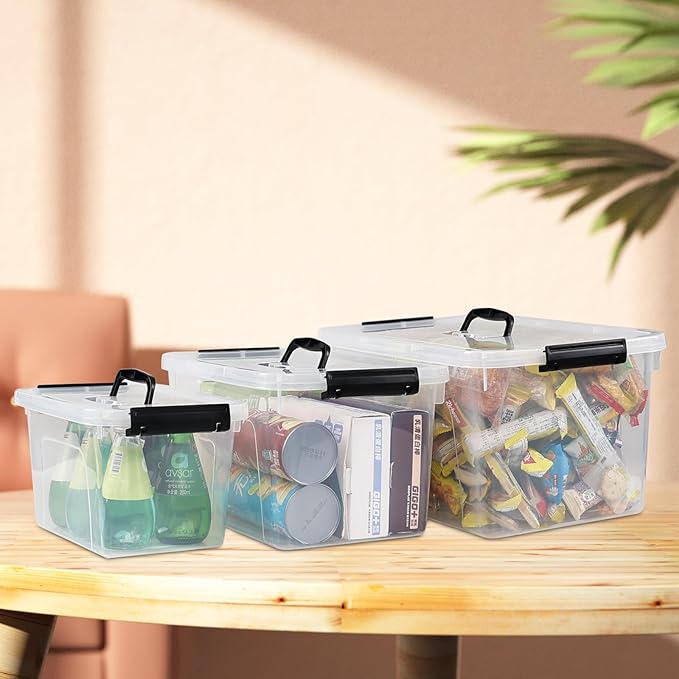 6 Quart Clear Organizer Bin with Lid Set of 4, Plastic Latching Storage Box