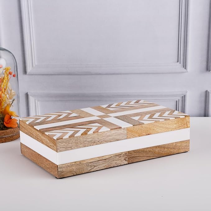 Handicrafts Home White Decorative Storage Box with Lid Wood Remote Control Box Coffee Table Storage Box Remote Holder for Living Room Decor â Resin Inlay Patisserie Adorn Collection- 8x5x2