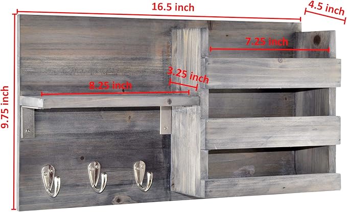 Spiretro Wall-Mounted Key Holder Hooks - Rustic Wood Weathered Grey & Black - Entryway Organizer for Mail, Leashes, and Purses - Floating Shelf, 16.5” W x 9.75" H x 4.5” D