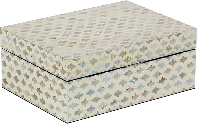 Deco 79 Mother of Pearl Shell Geometric Handmade Decorative Box Storage Decorative Keepsake Boxes with Hinged Lid, Set of 2 Storage Boxes 12", 8"W, Cream